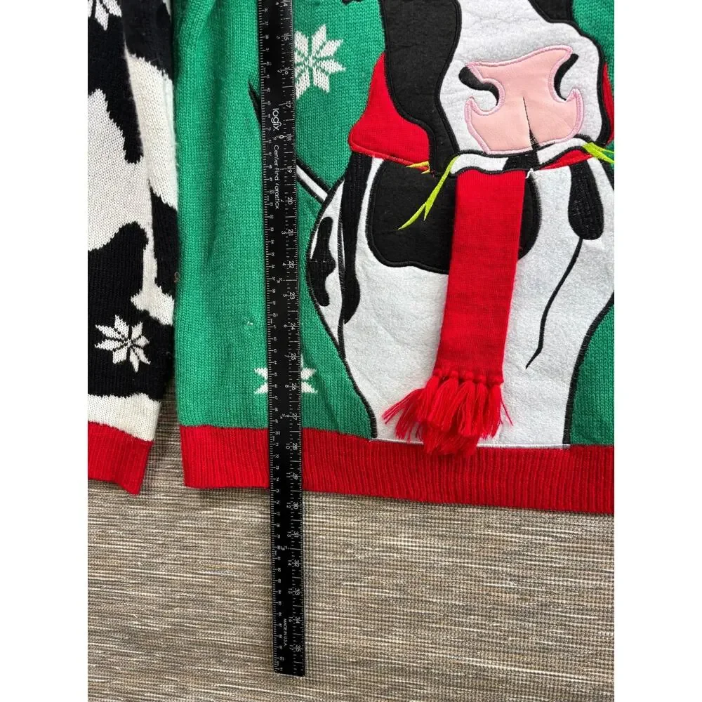 Cow Ugly Christmas Sweater Mens Size M Bell Scarf Holiday Jolly Snowflake Animal
